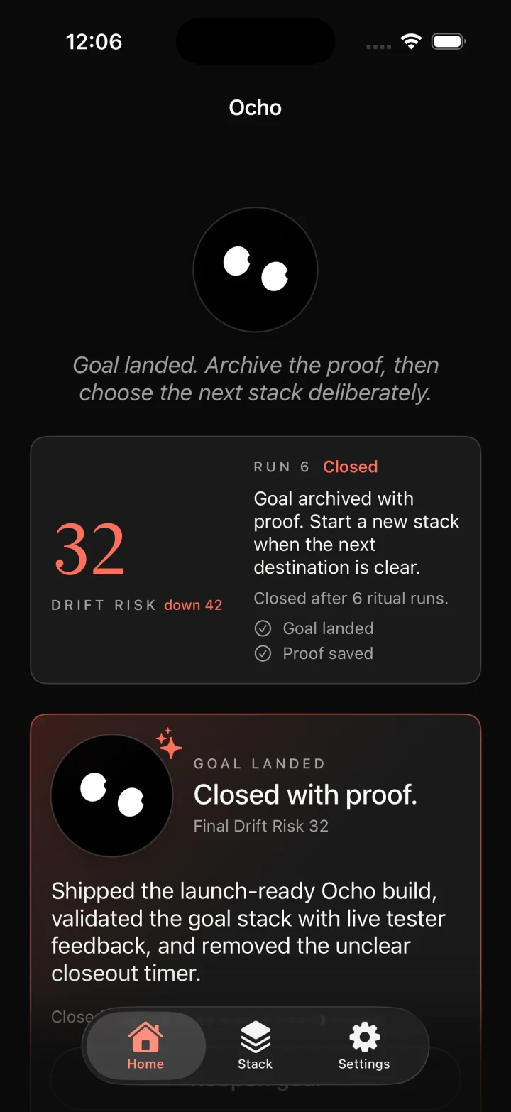 Ocho closeout screen showing a landed goal, proof saved, and lower Drift Risk.